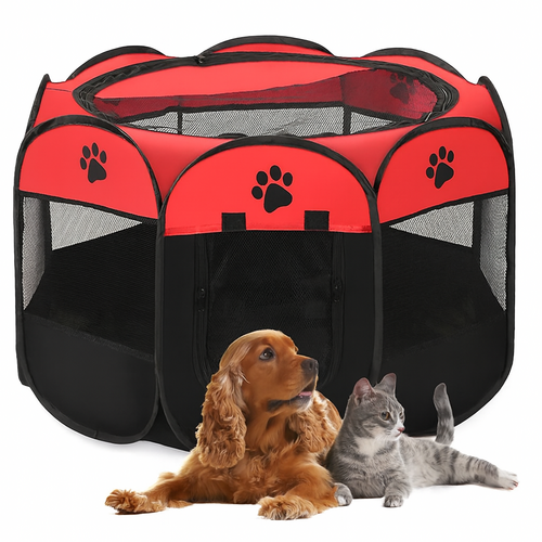 Foldable Pet Playpen – Red & Black Mesh Crate for Dogs & Cats-Red &